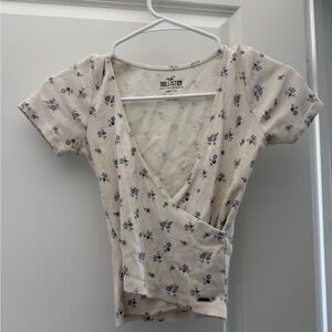 Hollister Cream Wrap Crop Top with Blue Floral Print